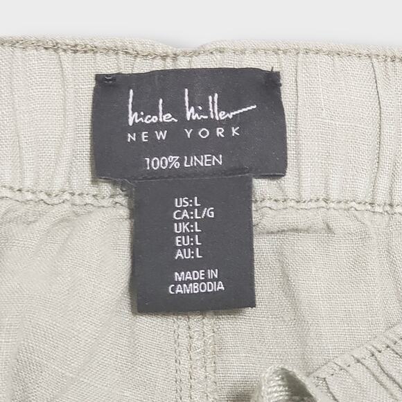 Nicole Miller 100% Linen Cargo Jogger Pants Green Large Casual Drawstring Pocket - Picture 6 of 11